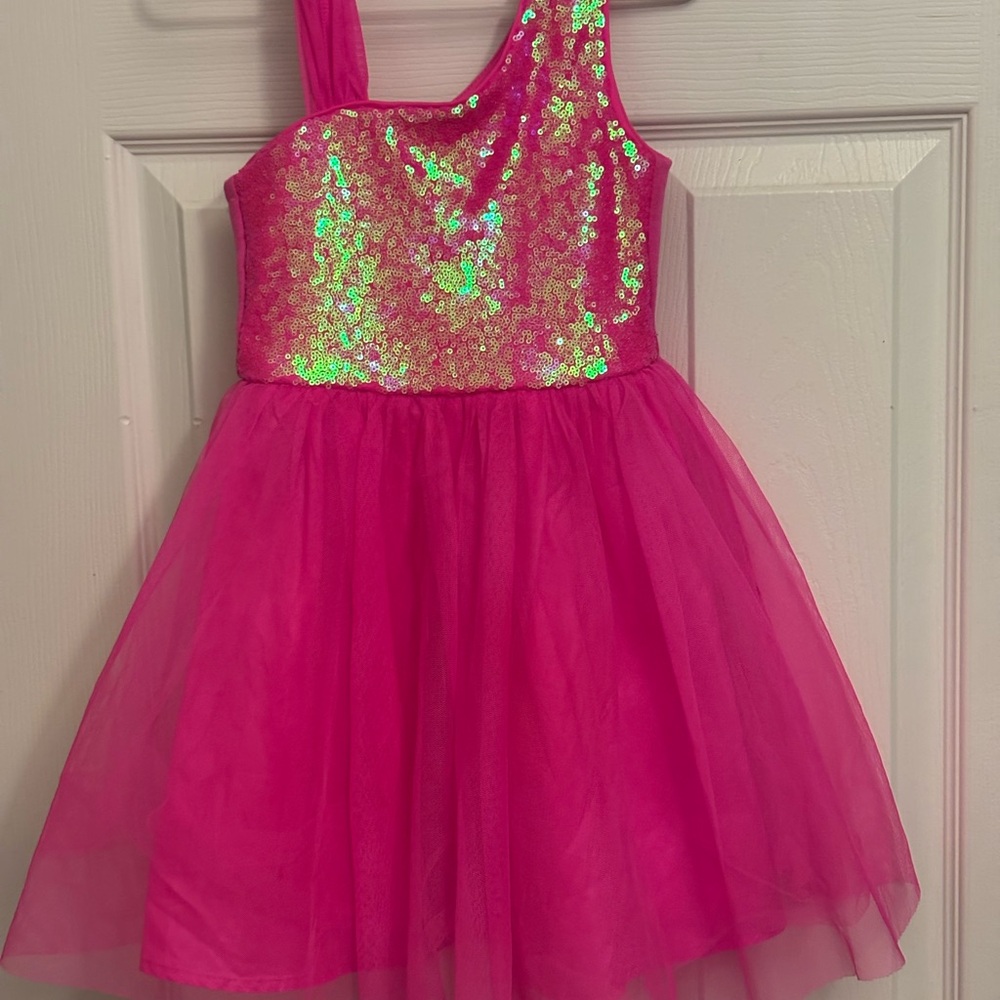 Cat & Jack Pink Sequin Tulle Dress Girls XS 4/5 Asymmetrical Strap Party Dress